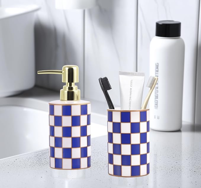 Bathroom Toothbrush Holder Set, Ceramic Checkered Soap Dispenser and Tooth Brush Holder Set, Modern Bathroom Accessories Sets Countertop, Black and White Checkered Bathroom Decor Set (Blue)