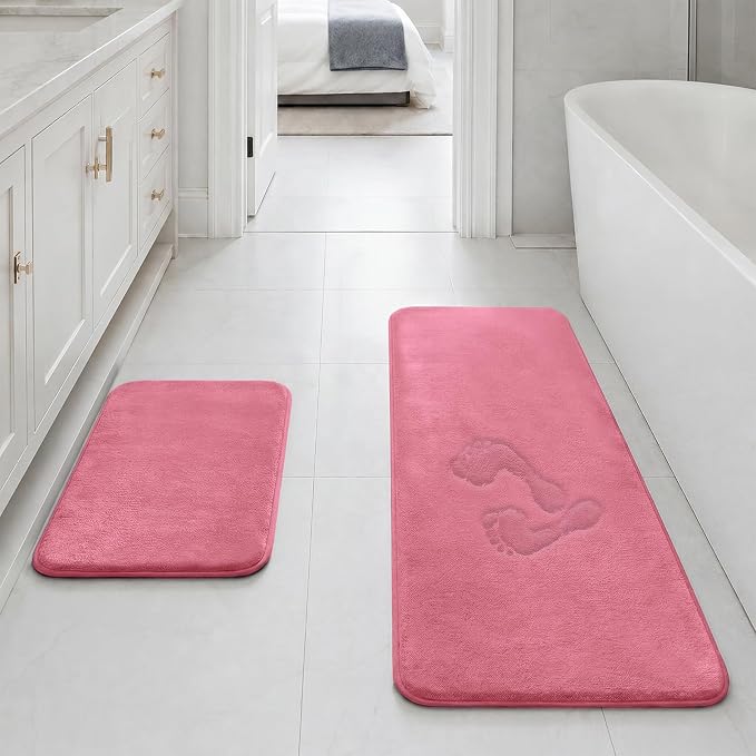 Bathroom Rugs Sets 2 Piece, Non-Slip & Quick Dry Bath Mat Set, Ultra Soft Velvet Bath Rugs for Bathroom, Toilet and Shower Floor, Pink