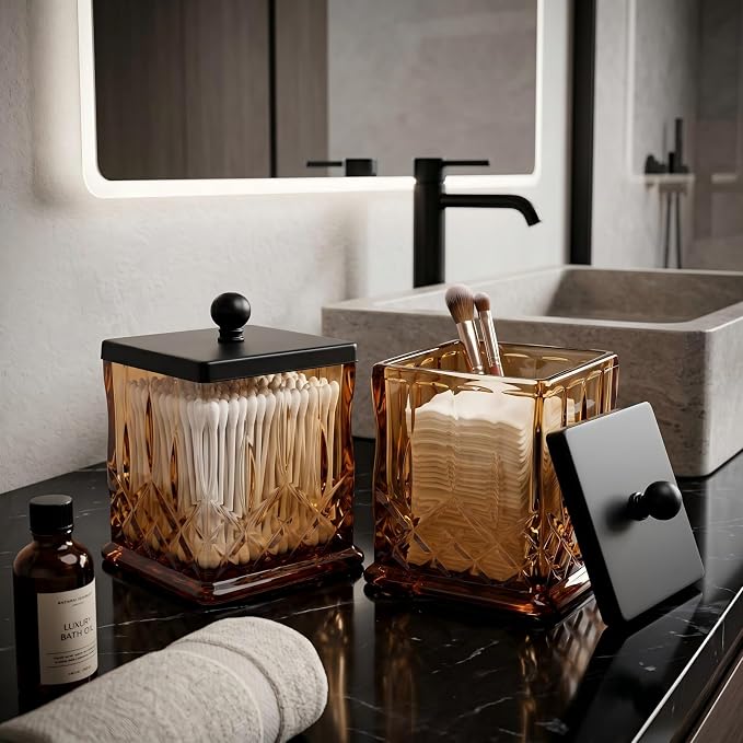2 Pack Glass Qtip Holder Dispenser Set,Square Bathroom Apothecary Jars with Matte Black Lid for Cotton Swabs, Balls, Pads,Floss Picks, Vanity Storage Container for Makeup, Candy, Jewelry(15 Oz, Amber)