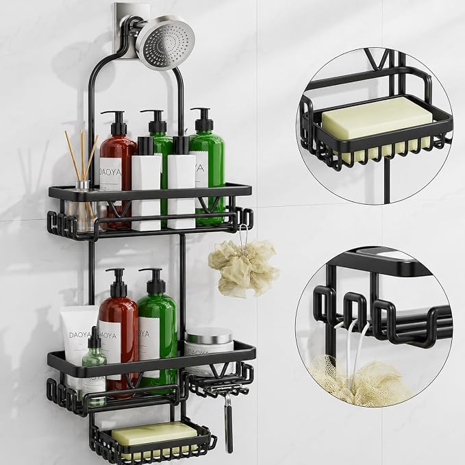 DAOYA Shower Caddy Hanging, Anti-Swing Over Head Shower Caddy, Rustproof Bathroom Organizer with Soap Holder & Hooks