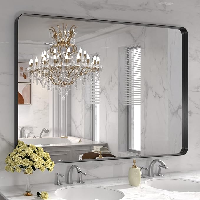 LOAAO 48X32 Inch Black Metal Framed Bathroom Mirror for Wall, Matte Black Bathroom Vanity Mirror Farmhouse, Large Rounded Rectangle Mirror, Anti-Rust, Tempered Glass, Hangs Horizontally or Vertically | Matte Black, Rounded Rectangle, Anti-Rust, Tempere...