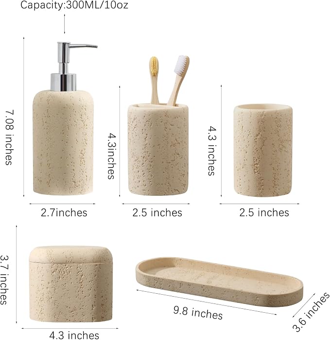 Bathroom Accessories Set, 5PCS, Travertine Stone Look, Yellow | Modern Bathroom Accessory Set with 13.53OZ Soap Dispenser, Mouthwash Cup, Toothbrush Holder, Qtip Holder, Vanity Tray