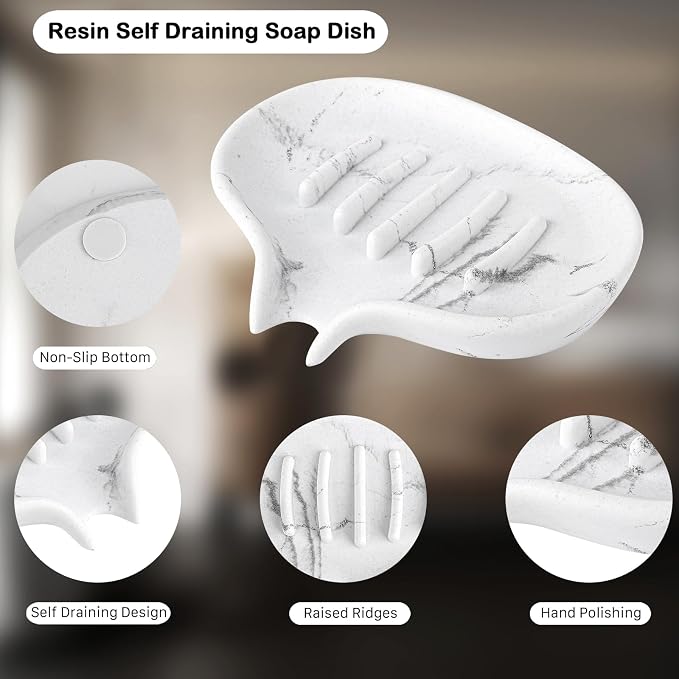 Self Draining Soap Dish for Shower & Bathroom Sink with Drain | Large Marble Resin Non Slip Soap Tray for Bar Soap, Kitchen Counter, Bathtub & Sink