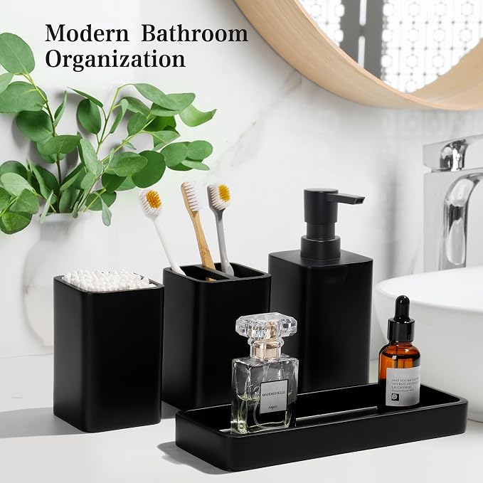 YMXYJM Bathroom Accessories Set, 4 Piece Toothbrush Holder Set, Matte Black | Bathroom Accessory Set with Soap Dispenser, Toothbrush Holder, Tumbler, Vanity Tray, Bathroom Sink Set for Modern Home Decor