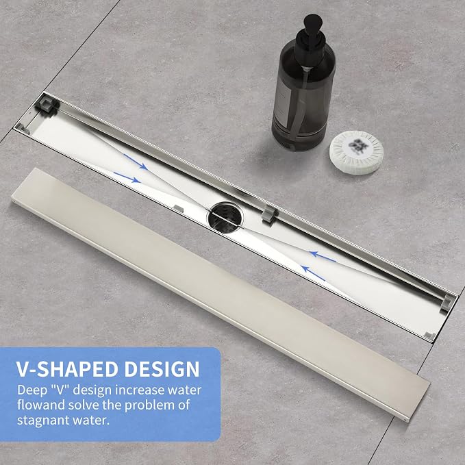 Linear Shower Drain ，18 Inch Brushed 304 Stainless Steel Rectangle Shower Floor Drain，with Reversable Tile-inPattern Drain Cover & Hair Catcher, Adjustable Feet