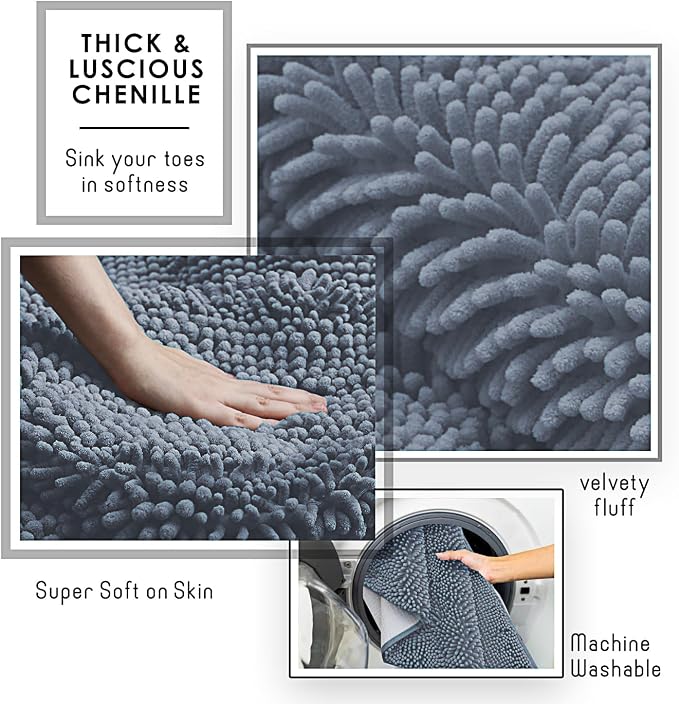 Hearth & Harbor Bathroom Rugs, Chenille Bath Mat - Machine Washable Bath Mats for Bathroom Non-Slip Backing Rubber, Quick Dry Bathroom Mat, 20 x 32 - Stone Blue