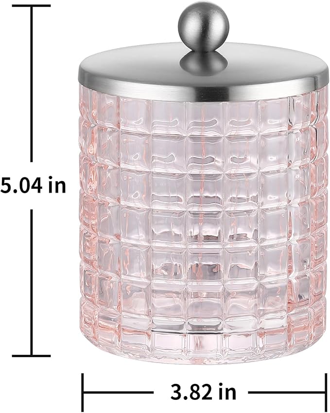 Blush Colored Tranlucent Apothecary Etched Geometric Grid Glass Jar W/Nickel Metal Lid Cover for Bathroom Organization, Cotton Balls, Q Tips, and Small Accessories, Bathroom Storage
