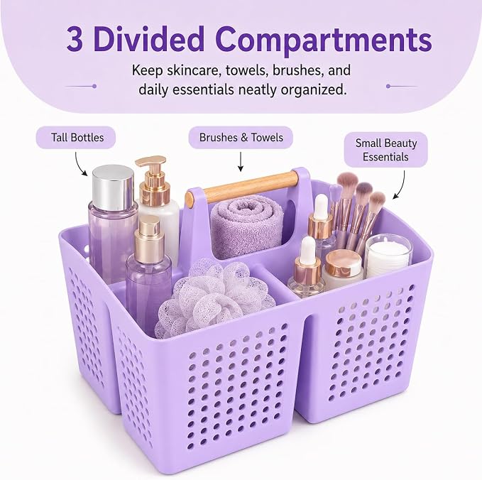 Portable Shower Caddy Basket with Wood Handle, 3-Compartment Bathroom Organizer Tote with Drain Holes, Plastic Shower Basket for Dorm, Toiletries, Cleaning Supplies, Purple