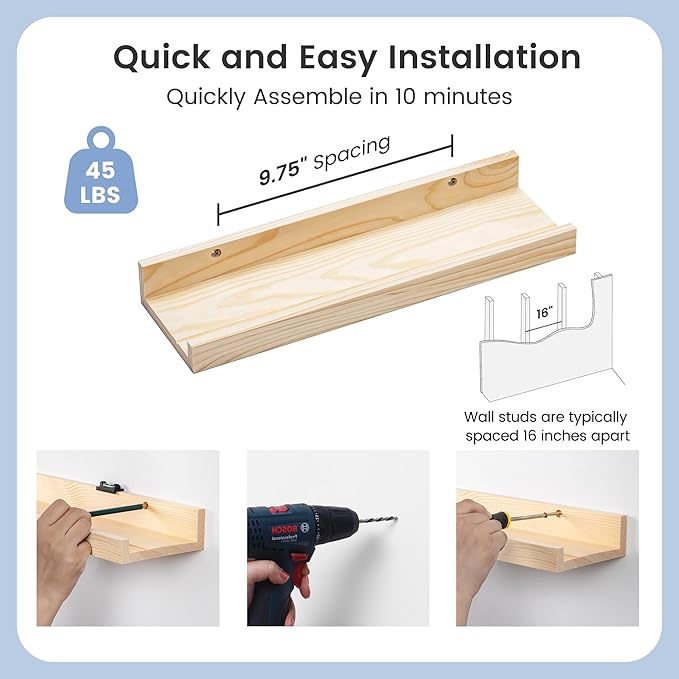 Picture Ledge Shelf for Wall, 16 inch Solid Pine Wood Nursery Book Shelves 2 Packs, Floating Ledge Shelves for Kids' Room Bedroom Bathroom Living Room Photo Frames Office Nursey Wall Decor, Natural