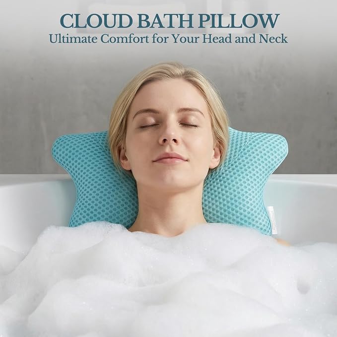 Non Slip Bath Pillow, Luxury Spa Bathtub Head & Neck Rest Support, Permeable Quick Drying Air Mesh Tub Pillow with 4 Large Suction Cups, Fits Any Tubs, Soft and Relaxing-Lake Blue