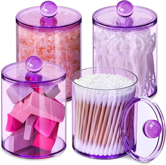 4 Pcs Acrylic Qtip Holder, Cotton Ball Holder Jars with Lids, Purple | Apothecary Jars for Cotton Swabs, Balls, Pads and Floss Picks, Bathroom Vanity Organizer