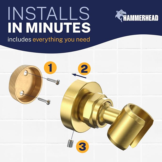 HammerHead Showers Solid Metal Handheld Showerhead Holder Wall Mount, Adjustable Screw-Mounted Pivot Ball, Shower Hose Holder, Fits Most Handheld Showerheads, Brushed Gold