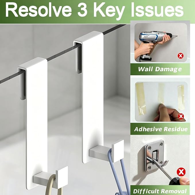 Extended Shower Door Hooks (7.5 Inch), Over Door Hooks for Bathroom, Heavy Duty Stainless Steel Towel Hooks for Frameless Glass Shower Doors, Shower Hooks for Robe (White, 2-Pack)
