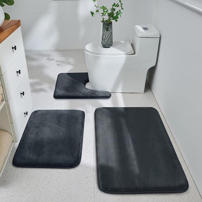 HUXMEYSON 3-Piece Memory Foam Bathroom Rug Set, Dark Grey | Quick Dry Velvet Surface, Non-Slip & PVC Backing, Ultra Soft Bath Rugs for Bathroom, 17"x24"+20"x32"+U Shape 20"x24"