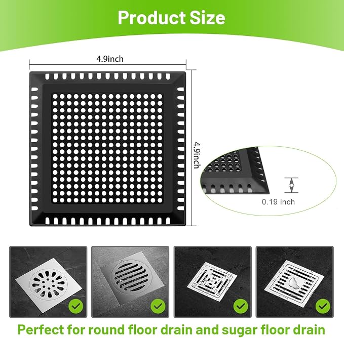 Aluvor Drain Hair Catcher,Shower Drain Cover Hair Catcher Shower Strainer | Square Shower Hair Drain Catcher for Bathroom Floor to Keep Away from Clogged Drain (Matte Black, 4 inch)