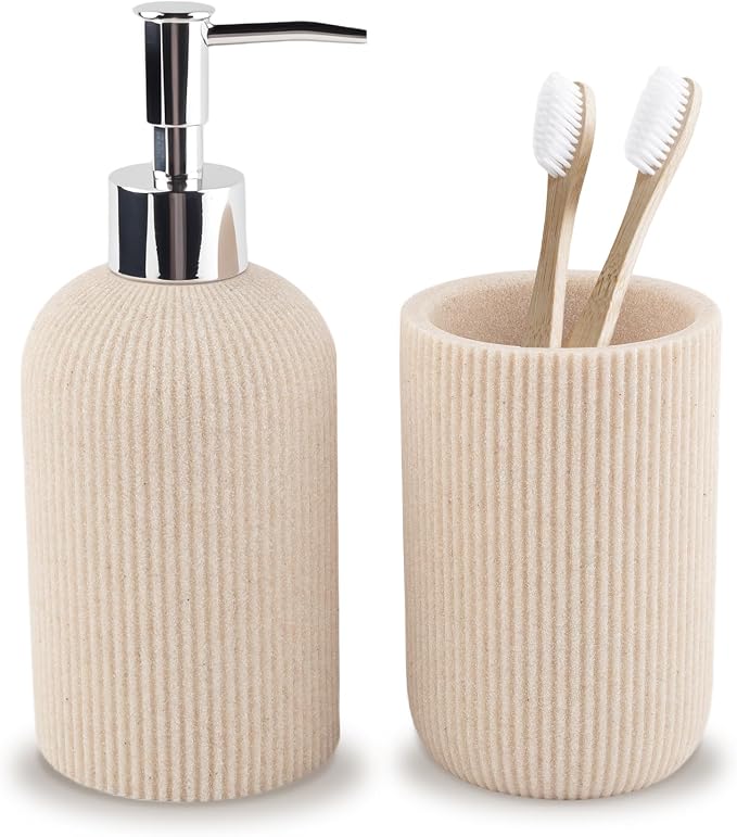 Beige Bathroom Accessories Set Include Soap Dispenser and Toothbrush Holder | Modern Stripe Design, Resin Bathroom Set 2 Piece for Bathroom Countertop Storage and Decoration