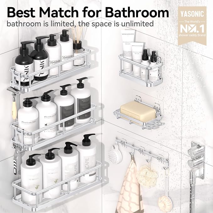 Shower Caddy Adhesive, Rustproof Shower Organizer with Soap Holder, Large Capacity Shower Shelves for Inside Shower, No Drilling Bathroom Organizers and Storage for Home Decor（6 Pack Silver）