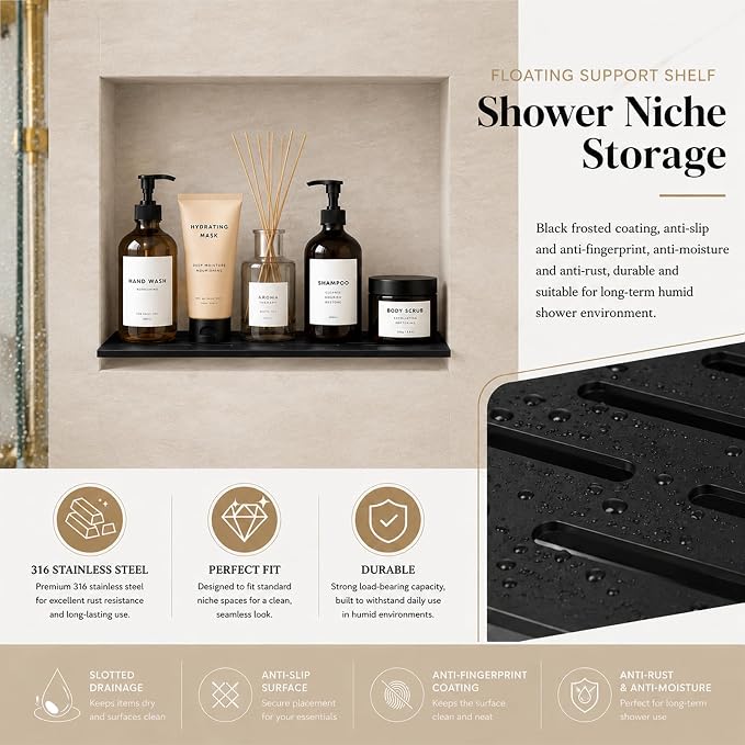 2 Pack Shower Niche Shelf Rectangular Bathroom Niche Shelf with Frosted Stainless Steel Finish, Fits 1/8 inch Grout Lines Shower Niche Insert