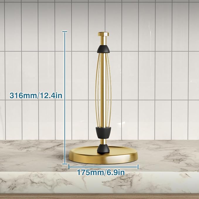 Paper Towel Holder Countertop, Gold Kitchen Accessories Decor, Stainless Steel, Weighted Base, Gold, Paper Towel Roll Holder Stand with Ratchet Mechanism for Kitchen Bathroom Farmhouse Essentials