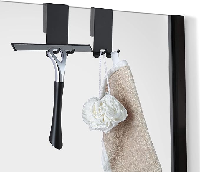 Taozun Shower Door Hooks - Towel Hooks for Bathroom Frameless Glass, Squeegee Hook, Over Glass Hook - Black Stainless Steel 2 Pack