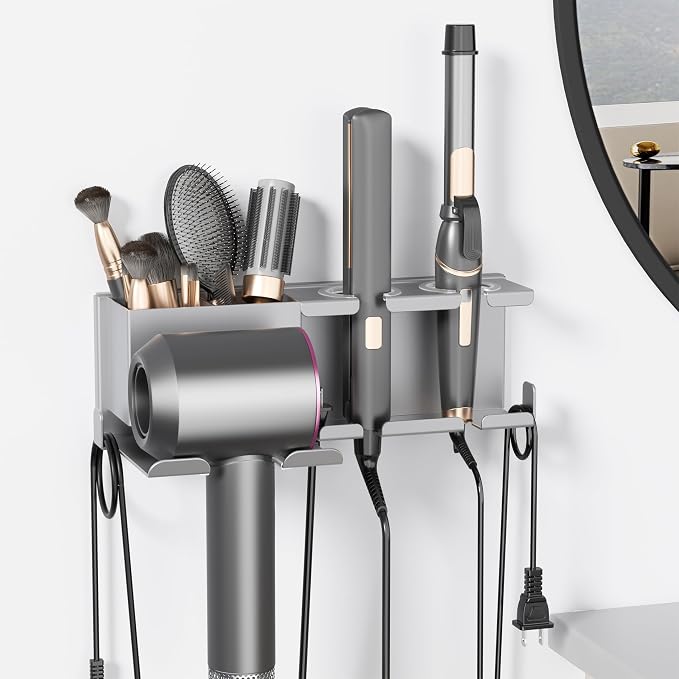 Hair Dryer Holder, Hair Tool Organizer, Blow Dryer Hanger Wall Mount for Dryer Hook, Bathroom Space-Saving Blow Dryer Organizer, Curling Irons Storage Wall Mounted (Gray)