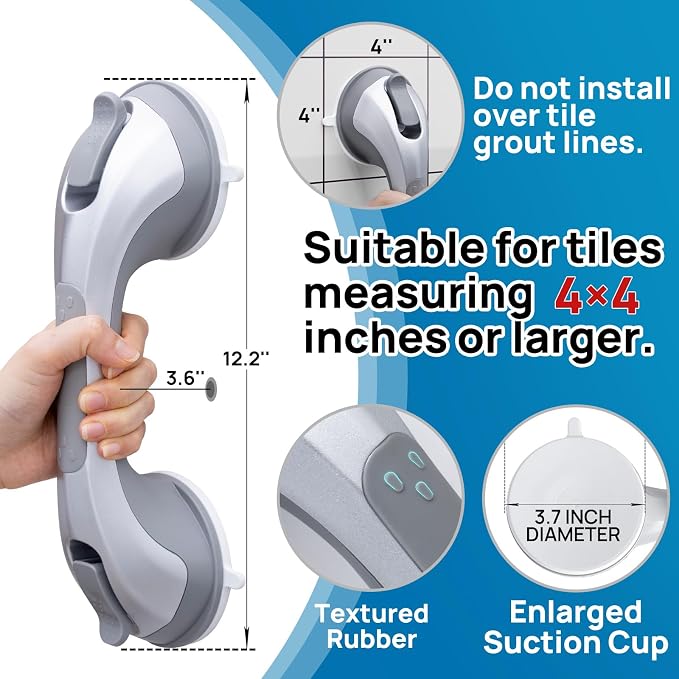 LEVERLOC Grab Bars for Shower 2 Pack Suction Bathtub Safety Rails, Heavy Duty 12 Inch Shower Handle Removable Bath Handrails for Seniors and Elderly, Bathroom Safety Grip No Drilling Waterproof Silver