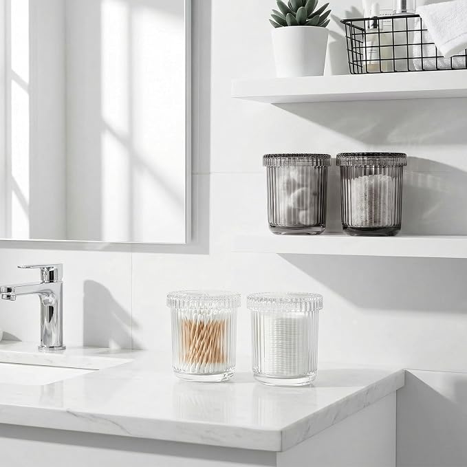2 Pack Qtip Holder - Apothecary Jars with Lids, Bathroom Organizers and Storage Canister for Cotton Balls,Swabs,Floss Picks,Hair Ties,Clear Glass Vintage Bathroom Decor Jar Set (Gray)