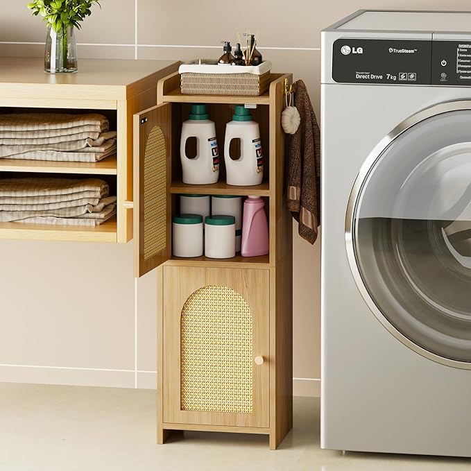 Arbuxzuy Rattan Bathroom Storage Cabinet,Corner Floor Cabinet with 2 Doors and Adjustable Shelf, Narrow Toilet Paper Cabinets with 2Hooks,Toilet Organizer for Small Spaces,7.87"D*9.84"W*29.72"H Oak