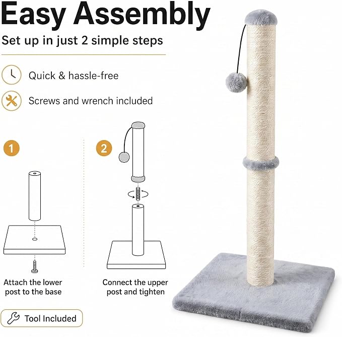 Dimaka 29" Height Tall Cat Scratching Post, Claw Scratcher with Sisal Rope and Covered with Soft Smooth Plush, Vertical Scratch [Full Strectch] for Standard Size Cats(Grey, 29 inches for All Cats)