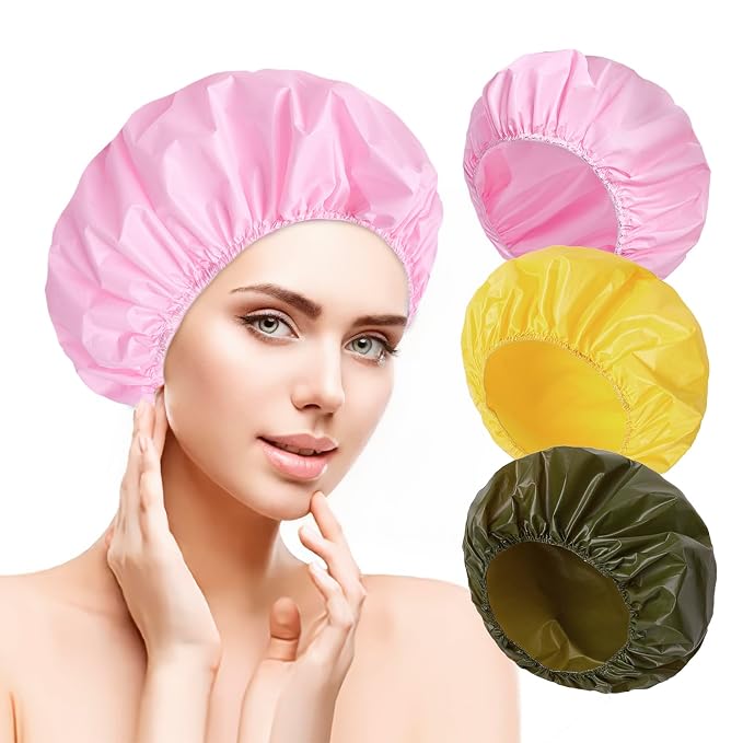 6 PCS Shower Capsfor Women, Reusable Waterproof Bath Caps | Double Side PEVA, Bath Accessories, Spa, Travel, Environmental Protection - Black White Pink Yellow Brick Red Dark Green