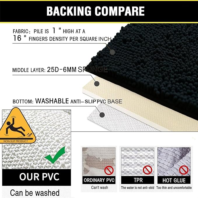 Black Bathroom Rug Chenille 3-Piece Extra Soft and Absorbent Shag Bathroom Rugs, Machine Wash Mat, Strong PVC Non-Slip Underside, Plush Carpet Mats (Black)