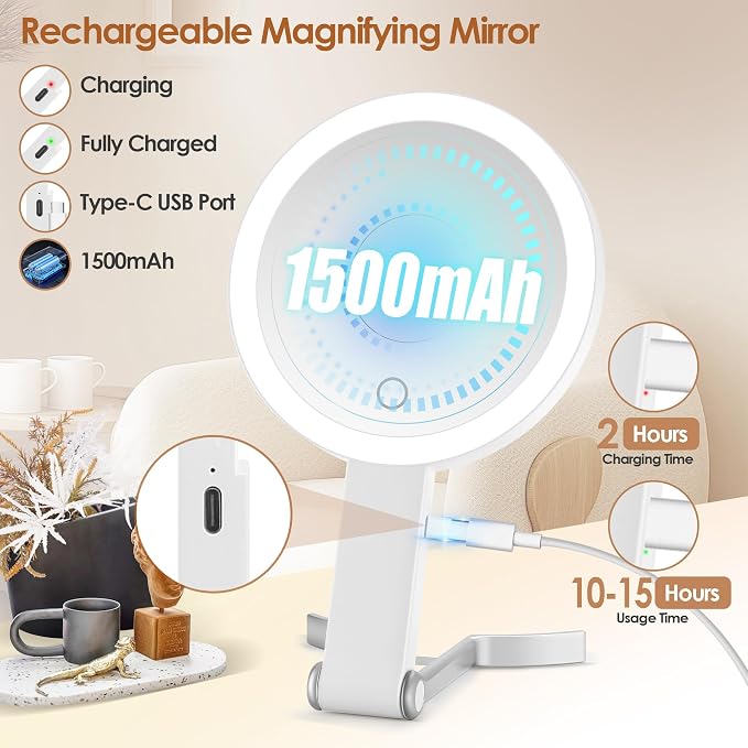 MIYADIVA Travel Makeup Mirror with Lights, Height Adjustable 30X/1X Double-Sided Magnifying Mirror, Portable Vanity Mirror with Phone Holder, Handheld Tabletop Hanging, White