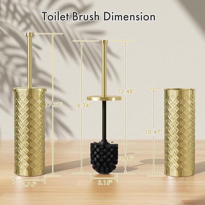 Toilet Bowl Brush and Holder Set 2 Pack with 4 Extra Brush Heads (Gold) | Extra Long Handle with Splash Guard Cover, Tool-Free Installation, Bathroom Space-Saving, Cleaner Sets for Apartments, RV