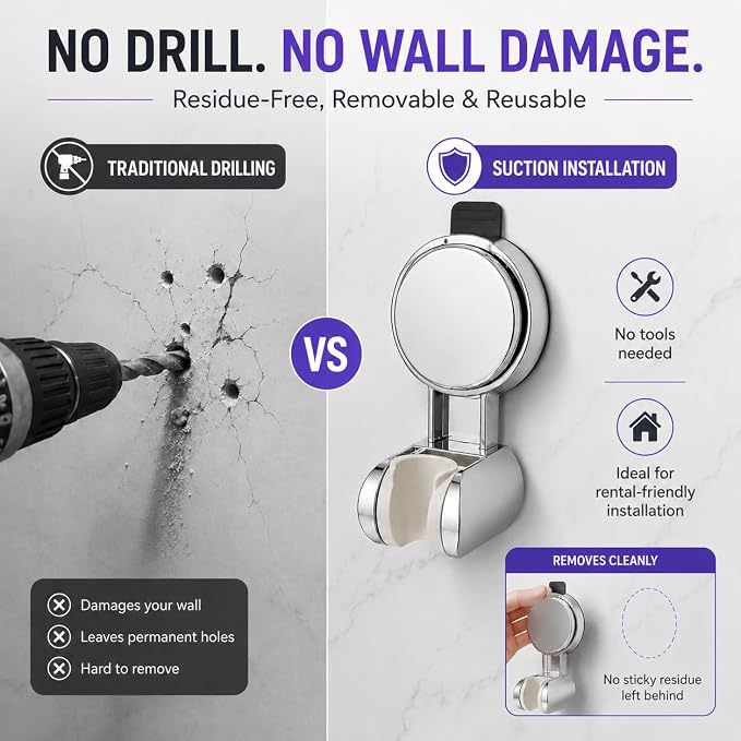 Suction Shower Head Holder, No Drill Handheld Shower Holder Wall Mount Adjustable Shower Wand Bracket with Vacuum Suction Cup Chrome, Removable Shower Head Holder for Smooth Wall