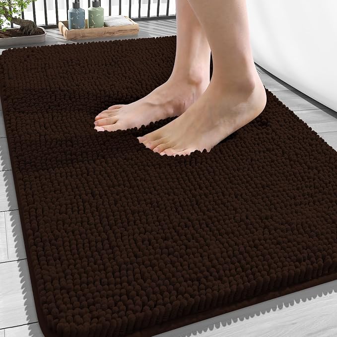 OLANLY Bathroom Rugs 34x21, Extra Soft Absorbent Chenille Bath Rugs | Brown, Quick-Drying Rubber Backing, Machine Washable Bath Mat for Bathroom Floor, Tub and Shower, Home Decor Accessories