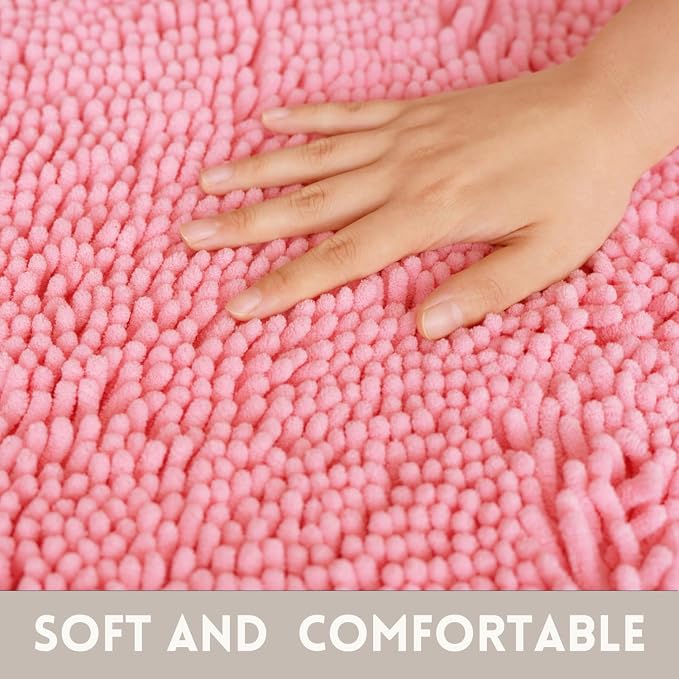 Bathroom Rugs Chenille, Extra Thick and Absorbent, Non-Slip, Machine Washable, Dry Quckily, Soft Cozy Plush, Used Under Shower Bathtub and Sink, Bath mat Sets 2Piece Pink