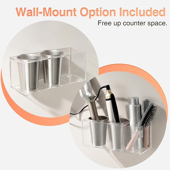 Acrylic Hair Tool Organizer, Curling Iron Holder Countertop, Hair Dryer Organizer Under Sink Wall Mount, Hot Tools Holder for Vanity Bathroom, Clear
