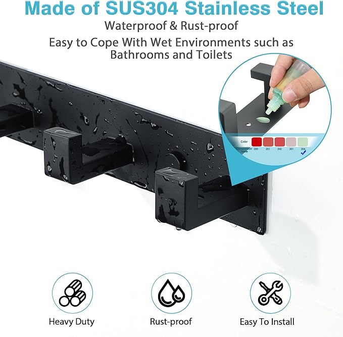 Alise Coat Hooks Wall Mount,Hat and Coat Rack with 5 Hooks Wall Mount Key Hooks for Robes,Bags,Keys,and Towels,SUS304 Stainless Steel Wall Hooks for Hanging,Self Adhesive or Drilling,Matte Black