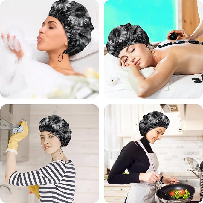 2 PCS Shower Cap Reusable Waterproof Double Layers Hair Caps Shower Bath Adjustable Elastic Hat for Women Girls Cute Aesthetic-Bat Sunflower