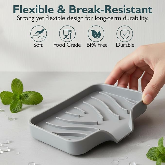 Self Draining Soap Dish with Drain Spout - Bar Soap Holder for Bathroom & Kitchen Sink - Flexible Non-Slip Silicone Soap Holder for Bar Soap, Sponge & Scrubber - 1 Pack