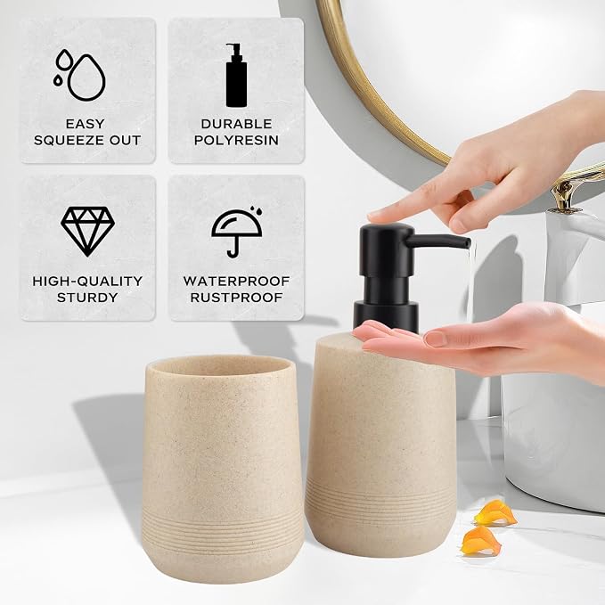 Resin Bathroom Accessory Set, Soap Dispenser and Toothbrush Holder, Beige | 2 Piece Bathroom Accessories Set for Bathroom Countertop Storage and Housewarming Gifts