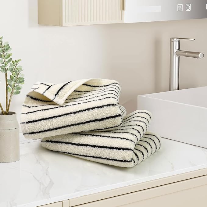 Black and White Striped Hand Towels for Bathroom, Vintage Kitchen Decor | Guest Use, Adults & Kids, Natural Cotton, 14” x 29”