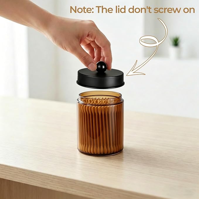 Amolliar 2Pc Glass Qtip Dispenser Holder Bathroom Vanity Storage Organizer Set -Countertop Canister with Metal Lids &Stickers Apothecary Jars for Cotton Swab, Floss Picks(Amber-black Lid)