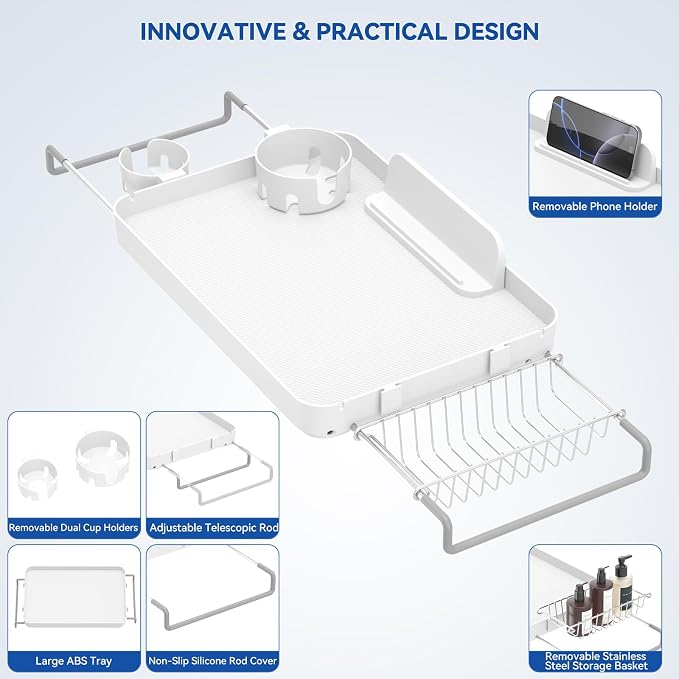 Bathtub Tray for Large Soaking Tub Table Tray Expandable Tub Shelf for Bathtub Caddy Bath Shelf Over Tub Luxury Bath Board Book Holder with Removable 2 Cup Holder Phone Metal Shower Caddy Basket White