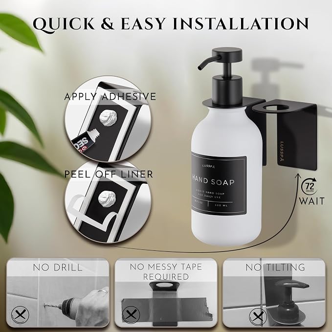 Shower Shampoo Dispenser Wall Mounted – Refillable 16.9 oz White Bottle with Stainless Steel Pump & No-Drill Adhesive Holder – Soap Dispenser for Bathroom (1 X White/Black)