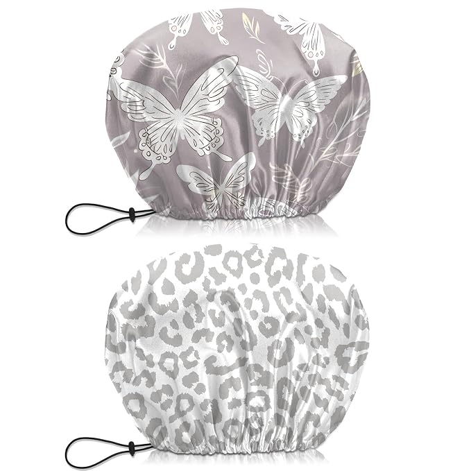 2 PCS Shower Cap Waterproof Double Layer Elastic Adjustable Reusable Hair Bath Caps for Girls Women Cute Aesthetic-Grey