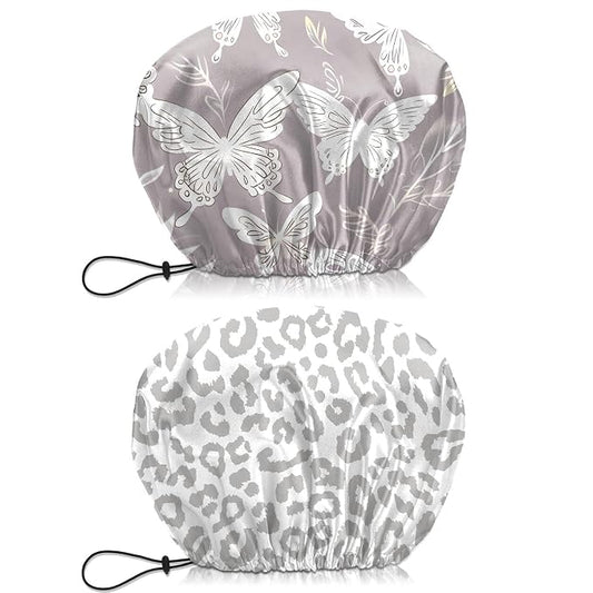 2 PCS Shower Cap Waterproof Double Layer Elastic Adjustable Reusable Hair Bath Caps for Girls Women Cute Aesthetic-Grey
