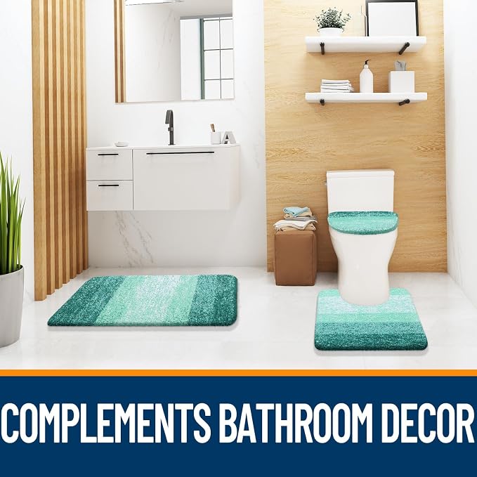 OLANLY Bathroom Rugs Sets 3 piece, Soft Microfiber Absorbent Bath Mat, U-Shaped Contour Toilet Mat and Toilet Lid Cover, Quick Dry, Machine Washable, Toilet Cover and Rug Set, Blackish Green