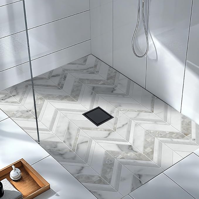 4-Inch Square Shower Drain, Matte Black Floor Drain with Flange, 304 Stainless Steel Bathroom 2-in-1 Tile Drain