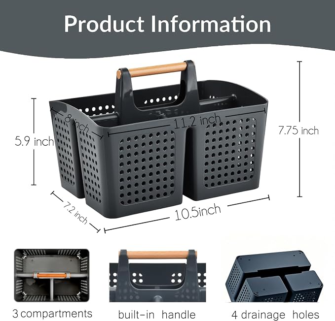 Portable Shower Caddy Basket with Wood Handle, 3-Compartment Bathroom Organizer Tote with Drain Holes, Plastic Shower Basket for Dorm, Toiletries, Cleaning Supplies, Dark Gray